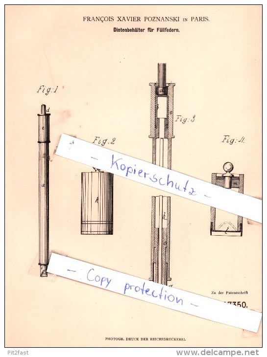 Original Patent -  Francois Xavier Poznanski In Paris , 1881 , Dintenbehälter Für Füllfedern , Federhalter !!! - Schreibgerät