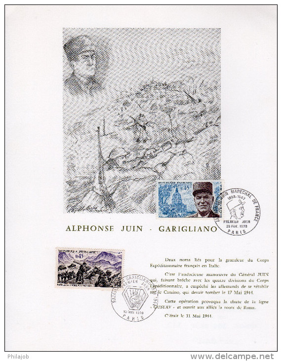 FRANCE 1969 70 : Rare Document Philatélique 1er Jour N°té (142/300) " GENERAL JUIN ..." N° YT 1601 30. Parfait état. FDC - Militaria