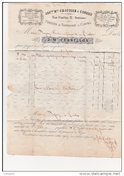 LETTRE FACTURE COMMERCIALE - FONDERIE ET TOURNERIE EN CUIVRE - CHAUDIER ET CONRIEU-LYON -ANNEE 1871 - 1800 – 1899