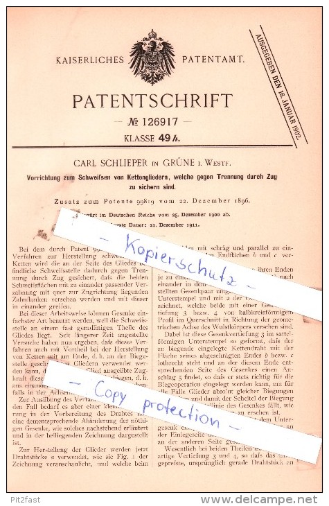 Original Patent - Carl Schlieper In Grüne I. Westf. , 1900 ,  Schweißen Von Kettengliedern !!! - Historische Dokumente