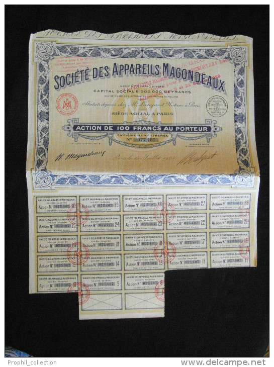 Action 100 Francs Societe Des Appareils Magondeaux Siege Social à Paris 15/07/ 1925 - Automobil