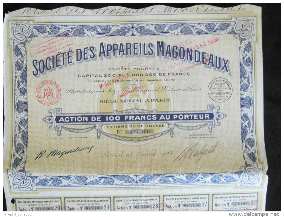 Action 100 Francs Societe Des Appareils Magondeaux Siege Social à Paris 15/07/ 1925 - Automobilismo