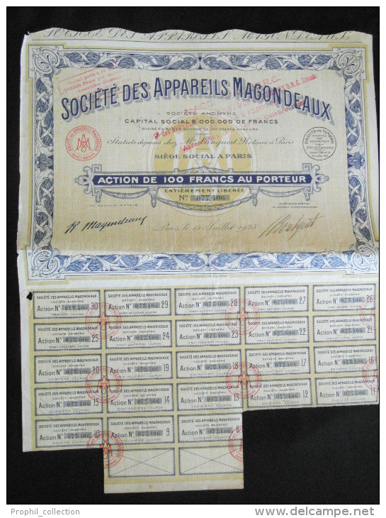 Action 100 Francs Societe Des Appareils Magondeaux Siege Social à Paris 15/07/ 1925 - Automobilismo