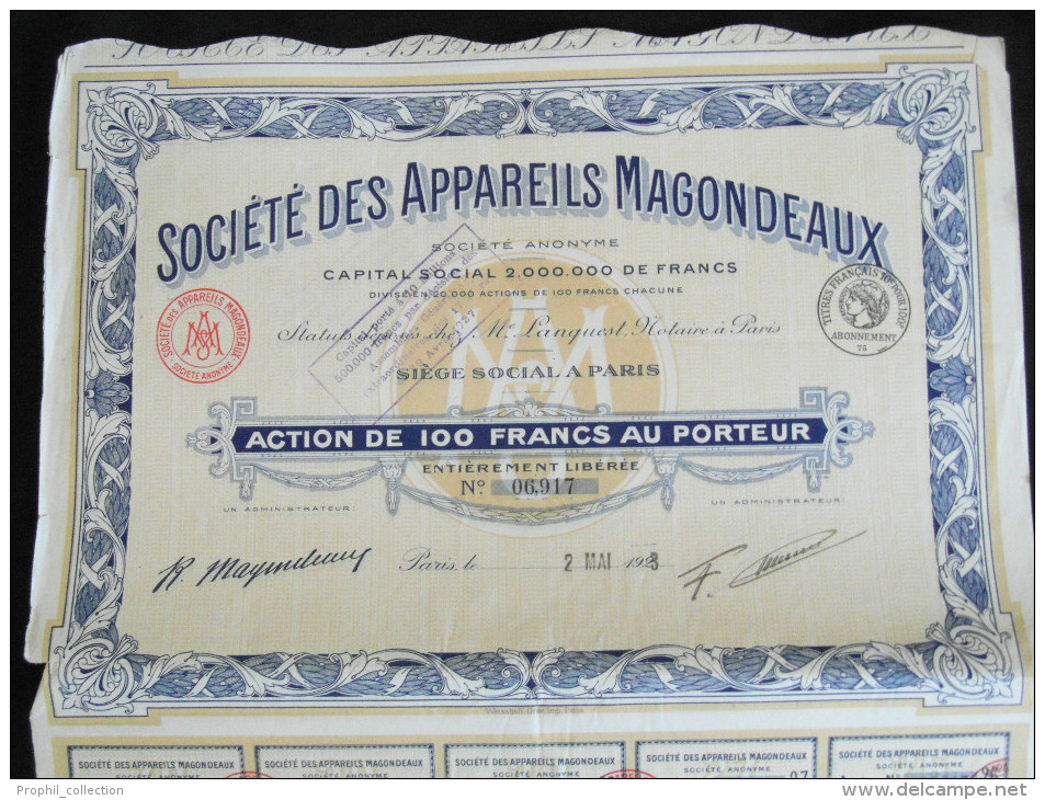 Action 100 Francs Societe Des Appareils Magondeaux Siege Social à Paris 15/07/ 1925 - Automobile