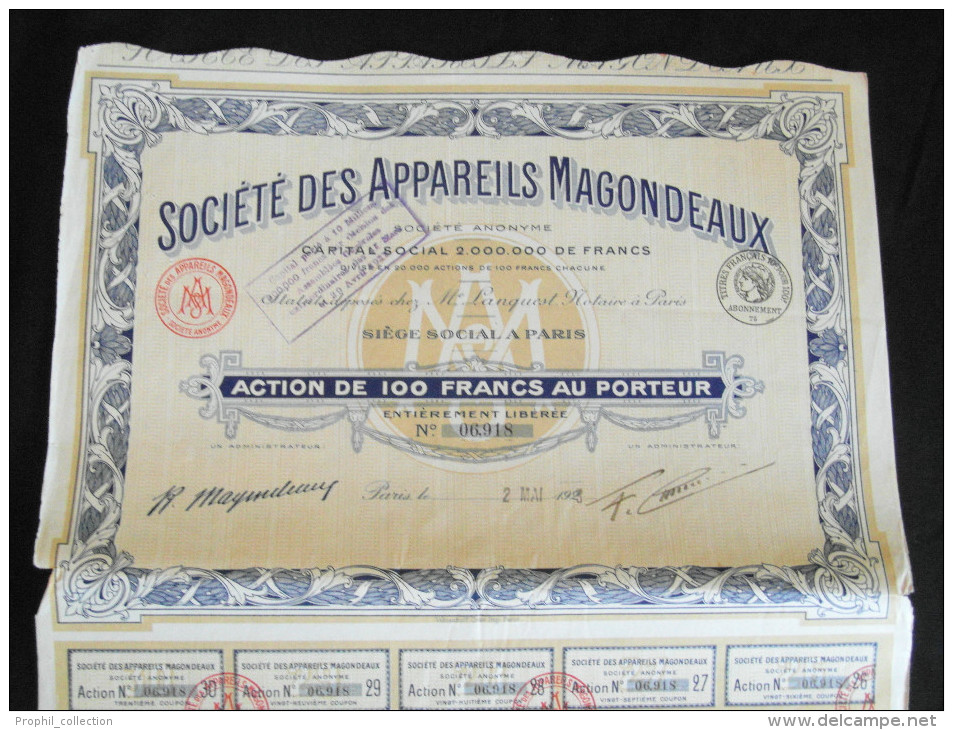 Action 100 Francs Societe Des Appareils Magondeaux Siege Social à Paris 15/07/ 1925 - Automobilismo
