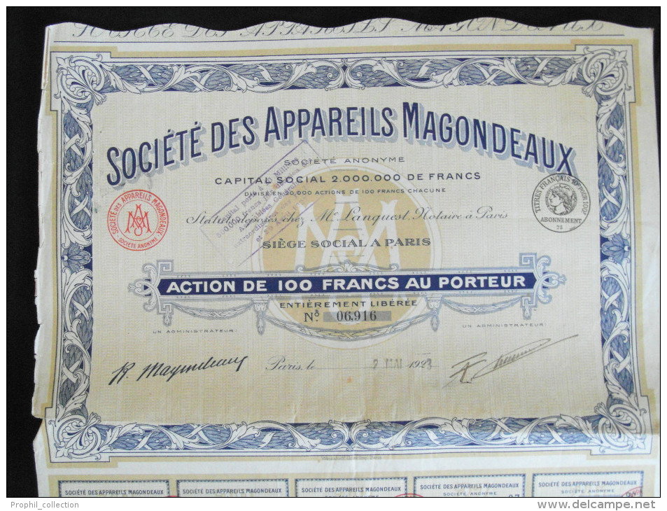 Action 100 Francs Societe Des Appareils Magondeaux Siege Social à Paris 15/07/ 1925 - Automovilismo