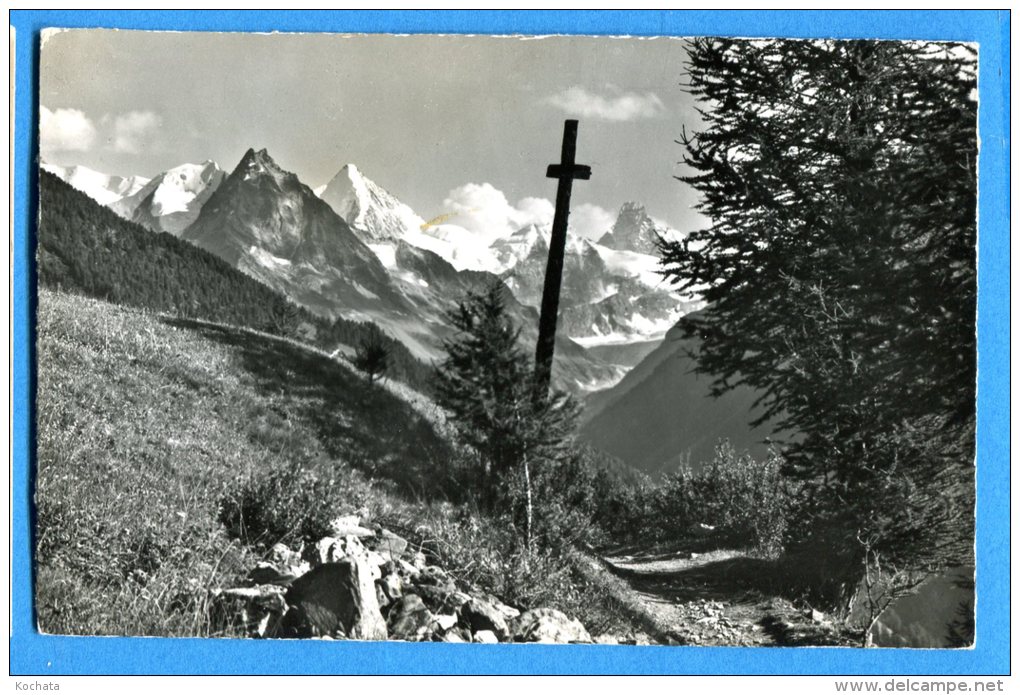 GG647, Croix Sur Le Chemin De St. Luc à Chandolin, Le Blanc, Besso, Gabelhorn,Cervin, 8945, Circulée 1960 - Chandolin