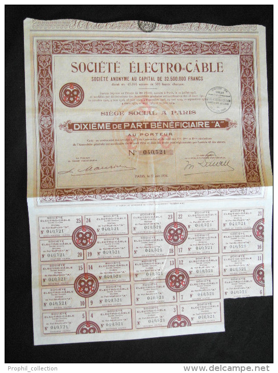 Action  Societe Electro - Cable Dixieme De Part Beneficiere A Siege Paris Titre Share Coupons 1936 - Electricidad & Gas