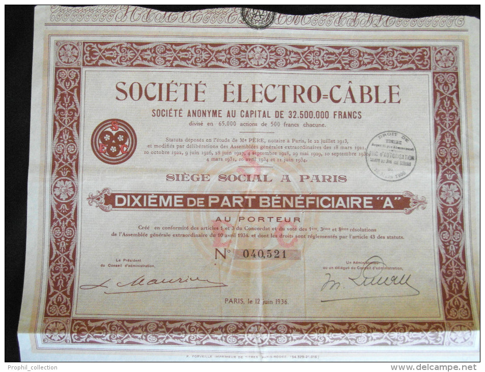 Action  Societe Electro - Cable Dixieme De Part Beneficiere A Siege Paris Titre Share Coupons 1936 - Elektrizität & Gas