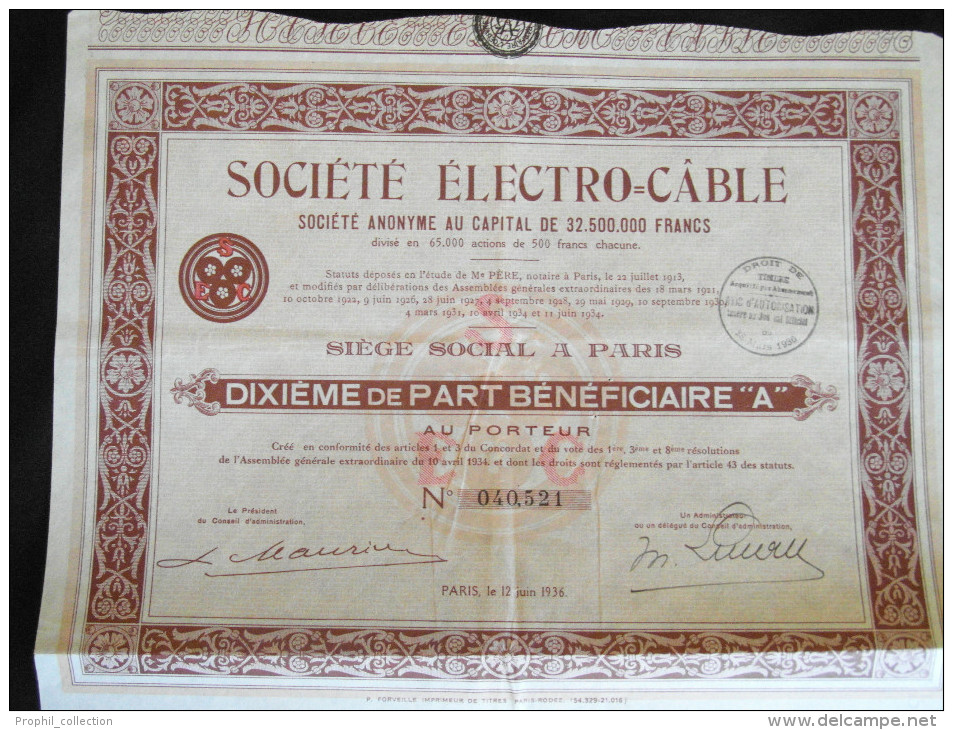 Action  Societe Electro - Cable Dixieme De Part Beneficiere A Siege Paris Titre Share Coupons 1936 - Electricité & Gaz