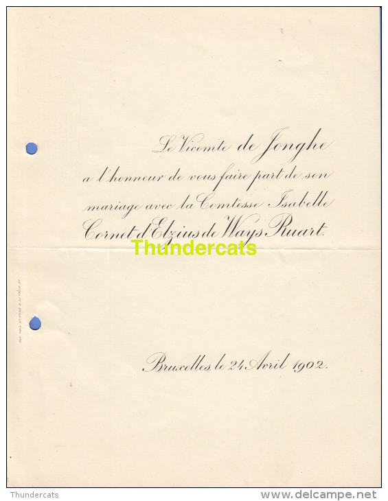 FAIRE PART MARIAGE VICOMTE DE JONGHE CORNET D'ELZIUS DE WAYS RUART BRUXELLES - Mariage