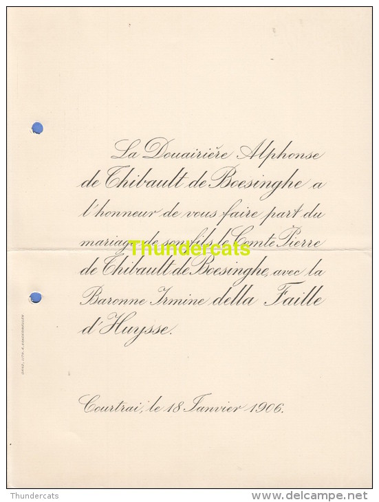 FAIRE PART MARIAGE DOUAIRIERE ALPHONSE DE THIBAULT DE BOESINGHE DELLA FAILLE D'HUYSSE COURTRAI KORTRIJK - Mariage