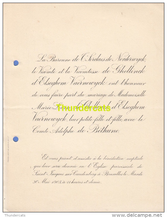 FAIRE PART MARIAGE BARONNE DE T'SERCLAES DE NORDERWYCK VICOMTE DE GHELLINCK D'ELSEGHEM VAERNEWYCK COMTE DE BETHUNE - Mariage