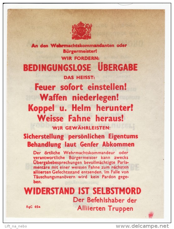 WWII WW2 Propaganda Original Leaflet AgG.46a An Den Wehrmachtskommandanten Oder Bürgermeister!  FREE SHIPPING WORLDWIDE - Ohne Zuordnung