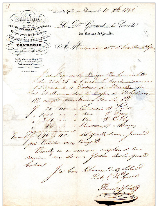 Facture 25 Besançon, Gouille, Fonderie Dr Gérant 1842, 2 Scans, Cachet De Poste - Autres & Non Classés