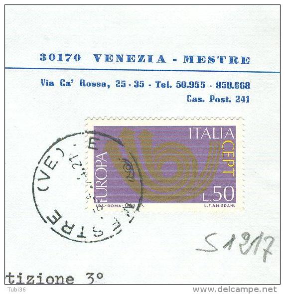 EUROPA CEPT £. 50, S 1217, ISOLATO IN TARIFFA LETTERA , 1974, TIMBRO POSTE MESTRE,VENEZIA, MICHIELETTO,MESTRE - 1971-80: Marcophilia