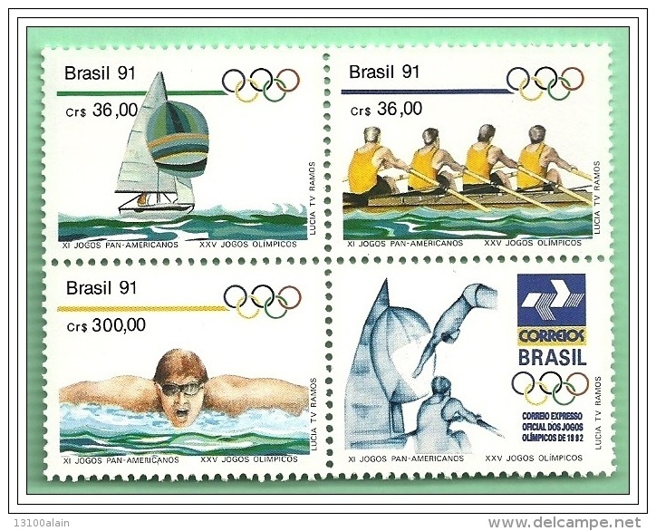 SERIE Complète 3 Timbres ** + Vignette Jeux Olympiques été" 1992 JO BARCELONA'92 Brésil Brasil Voile Natation Aviron - Summer 1992: Barcelona