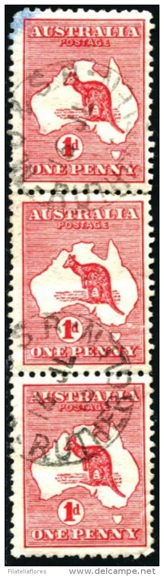 0005 - Australia Kangaroo 1 Penny Tira X3 Vertical Filigrana I (1913) - Used Stamps