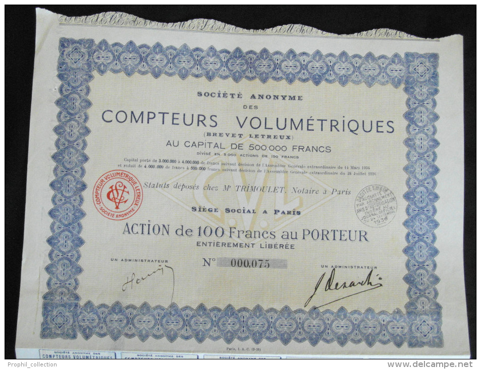 ACTION 100 Francs Societe Anonyme Des Compteurs Volumetriques (Brevet Letreux) Siege à Paris - A - C