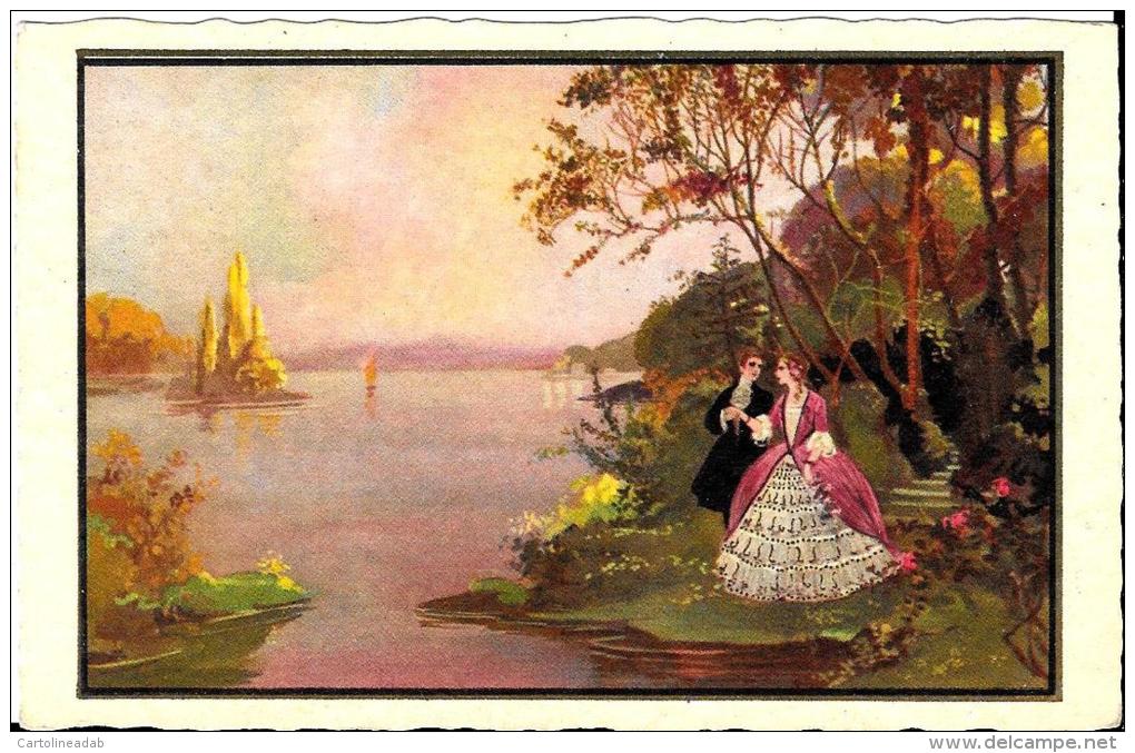 [DC4123] CARTOLINA - ILLUSTRATA - INNAMORATI IN RIVA AL FIUME - Viaggiata 1932 - Old Postcard - Couples