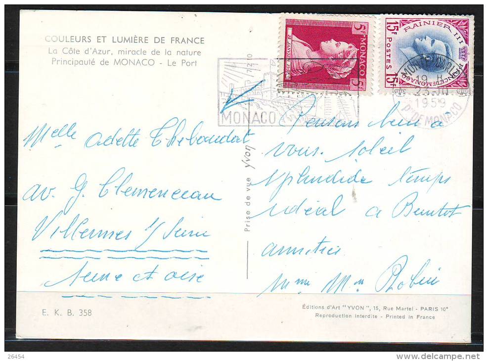 MONACO   Le Port  CPSM   Le 23 10 1959  Affranchie Avec 2 Timbres  BATEAUX Et VOILIER - Porto