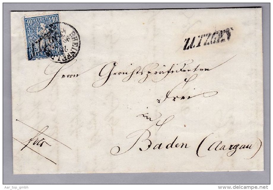 Heimat AG ZUTZGEN 1866-11-27 Lang-Stempel Brief Nach Baden Mit 10Rp Blau Sitzende - Storia Postale