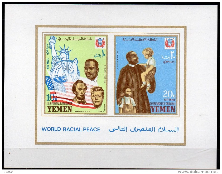 World RACIAL Peace 1968 KD Jemen Block 130 ** 6€ Kennedy Lincoln Dr.Martin Luther King Bloc Hb Art Ms UNO Sheet Bf Yemen - 1970 – Osaka (Japan)