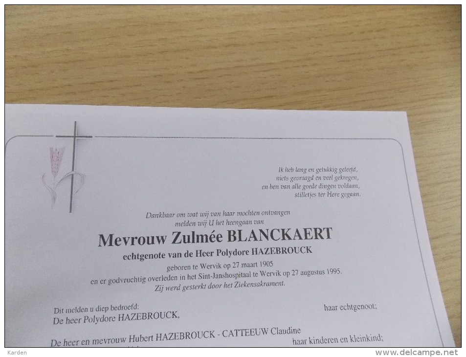 Doodsbrief Zulmée Blanckaert Wervik 27/3/1905 - 27/8/1995 ( Polydore Hazebrouck ) - Religion & Esotericism