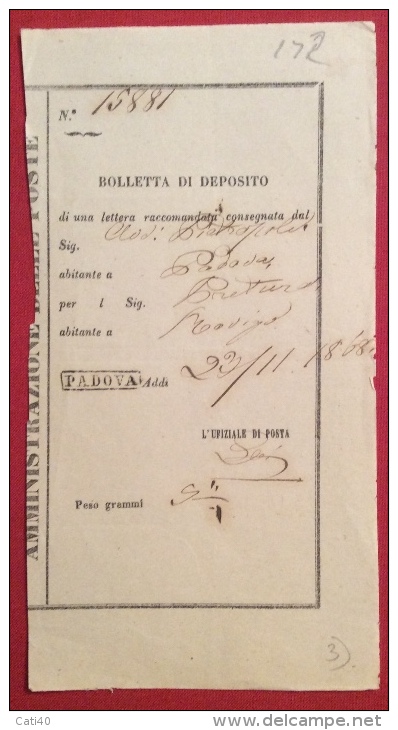 LOMBARDO VENETO - PADOVA Annullo In Cartella Su BOLLETTA DEPOSITO DI LETTERA RACCOMANDATA - 1868 - Lombardo-Vénétie