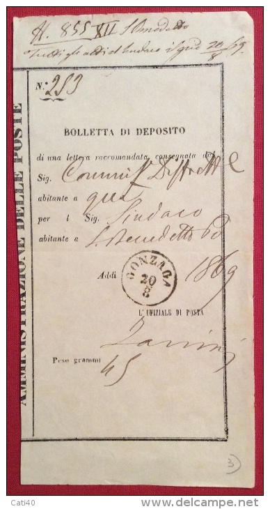 LOMBARDO VENETO - GONZAGA  Annullo  Su BOLLETTA DEPOSITO DI LETTERA RACCOMANDATA - 1869 - Lombardo-Veneto