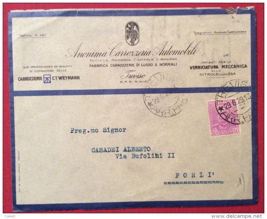 TREVISO 1929 - CARROZZERIA AUTOMOBILI DI LUSSO E NORMALI - BUSTA PUBBLICITARIA PER FORLI' - Storia Postale