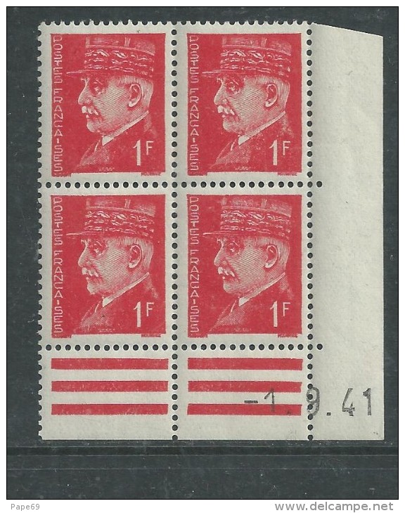 France N° 514 XX : Type Mal Pétain : 1 F. Rouge En Bloc De 4 Coin Daté Du 1 . 9 . 41 ;  Sans Charnière, TB - 1940-1949