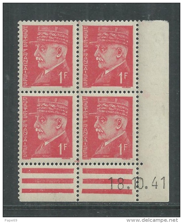 France N° 514 XX : Type Mal Pétain : 1 F. Rouge En Bloc De 4 Coin Daté Du 18 . 10 . 41 ;  Sans Charnière, TB - 1940-1949