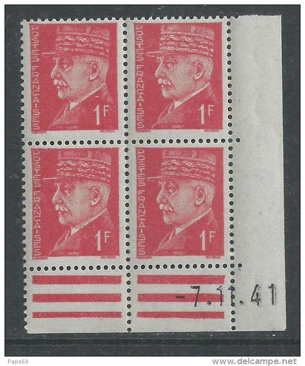 France N° 514 XX : Type Mal Pétain : 1 F. Rouge En Bloc De 4 Coin Daté Du 7 . 11 . 41 ;  Sans Charnière, TB - 1940-1949