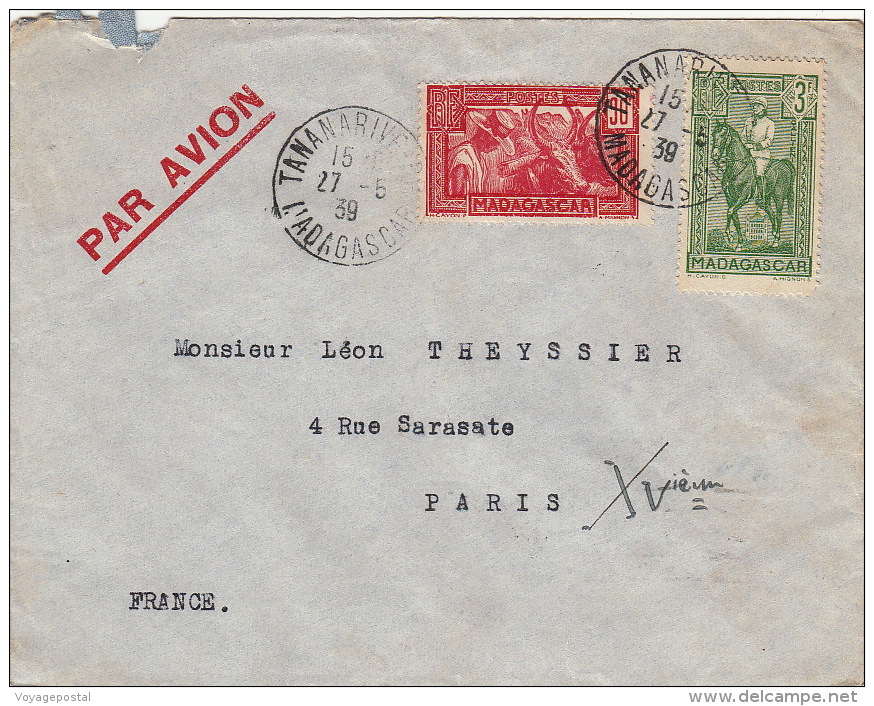 Lettre Tananarive Pour Paris 1939 - Brieven En Documenten