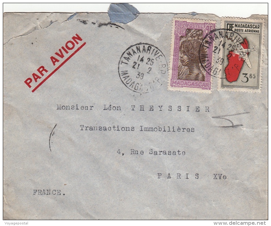 Lettre Madagascar Tananarive Pour Paris 1939 - Brieven En Documenten