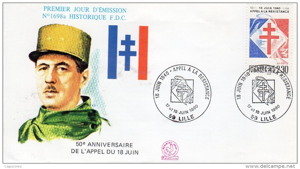De Gaulle - EPJ:  50e Anniv. Appel Du 18 Juin - "1er Jour émission Du Timbre 2656 à Lille 59" - De Gaulle (Général)