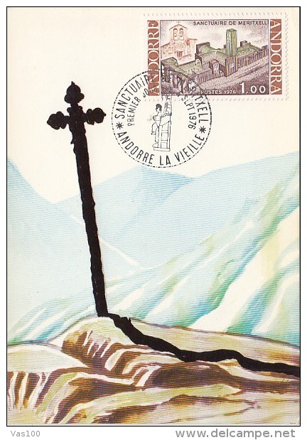 MERITXELL SANCTUARY, MOUNTAINS, CM, MAXICARD, CARTES MAXIMUM, OBLIT FDC, 1976, ANDORRA - Abbayes & Monastères