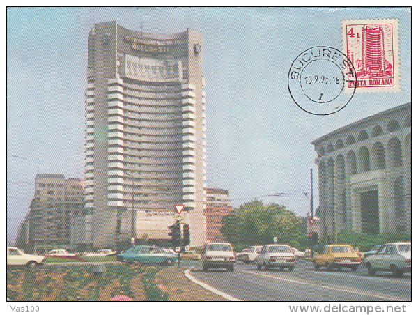 TOURISM, BUCHAREST INTERCONTINENTAL HOTEL, CAR, CM, MAXICARD, CARTES MAXIMUM, 1992, ROMANIA - Hôtellerie - Horeca