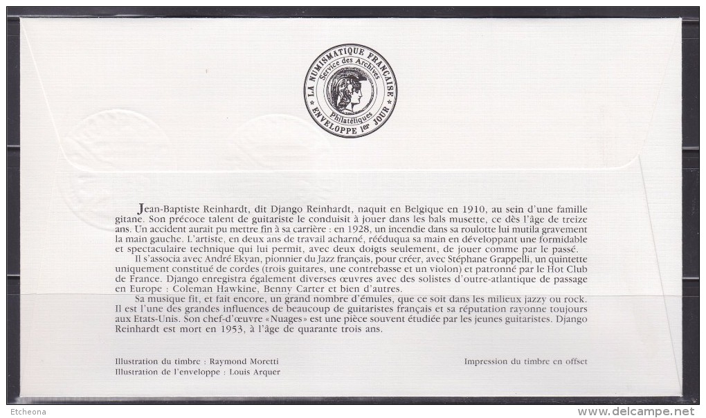 Django Reinhardt Enveloppe 1er Jour 92 Boulogne Billancourt 14.5.93 N°2810 Anniversire Mort Du Compositeur, à La Guitare - 1990-1999
