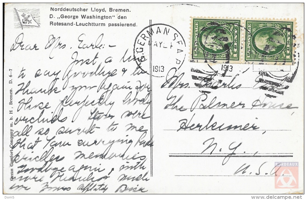 USA - Carte Postale PAQUEBOT - GEORGE WASHINGTON - Posted At Sea 1913 - German Sea PO - Piroscafi