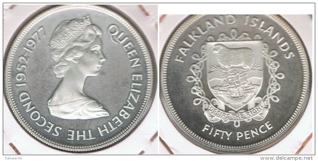 ISLAS MALVINAS 50 PENCE 1977 PLATA SILVER R - Colonias