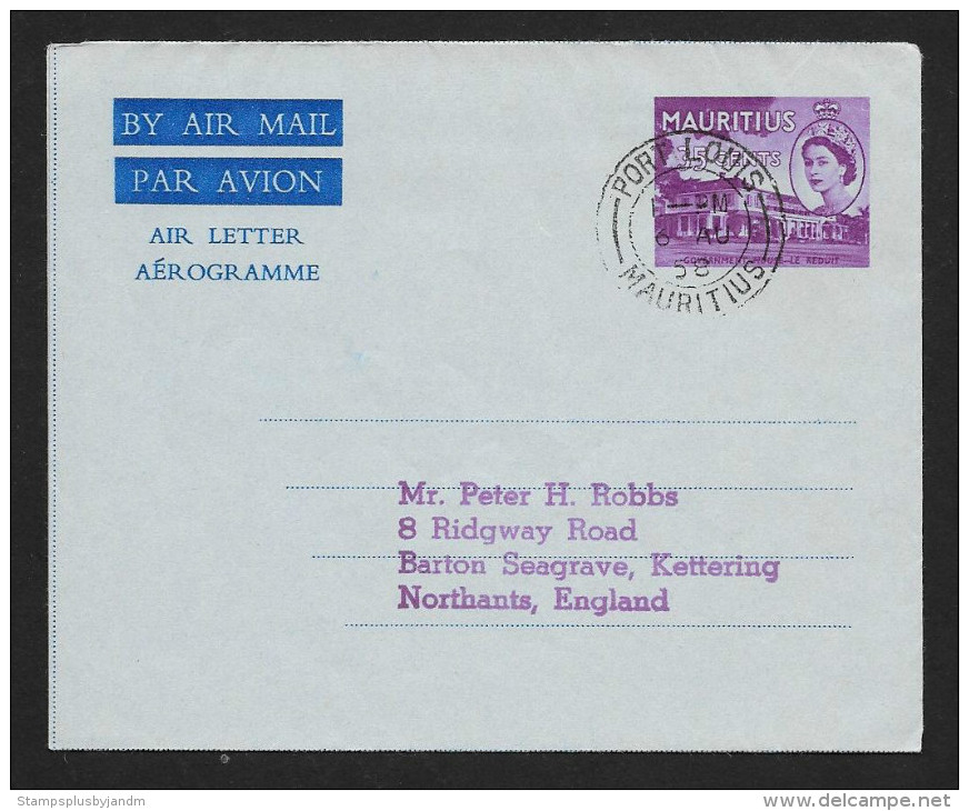 MAURITIUS Aerogramme 35¢ Queen & Government House 1958 Port Louis Cancel To England! STK#X20698 - Mauritius (...-1967)