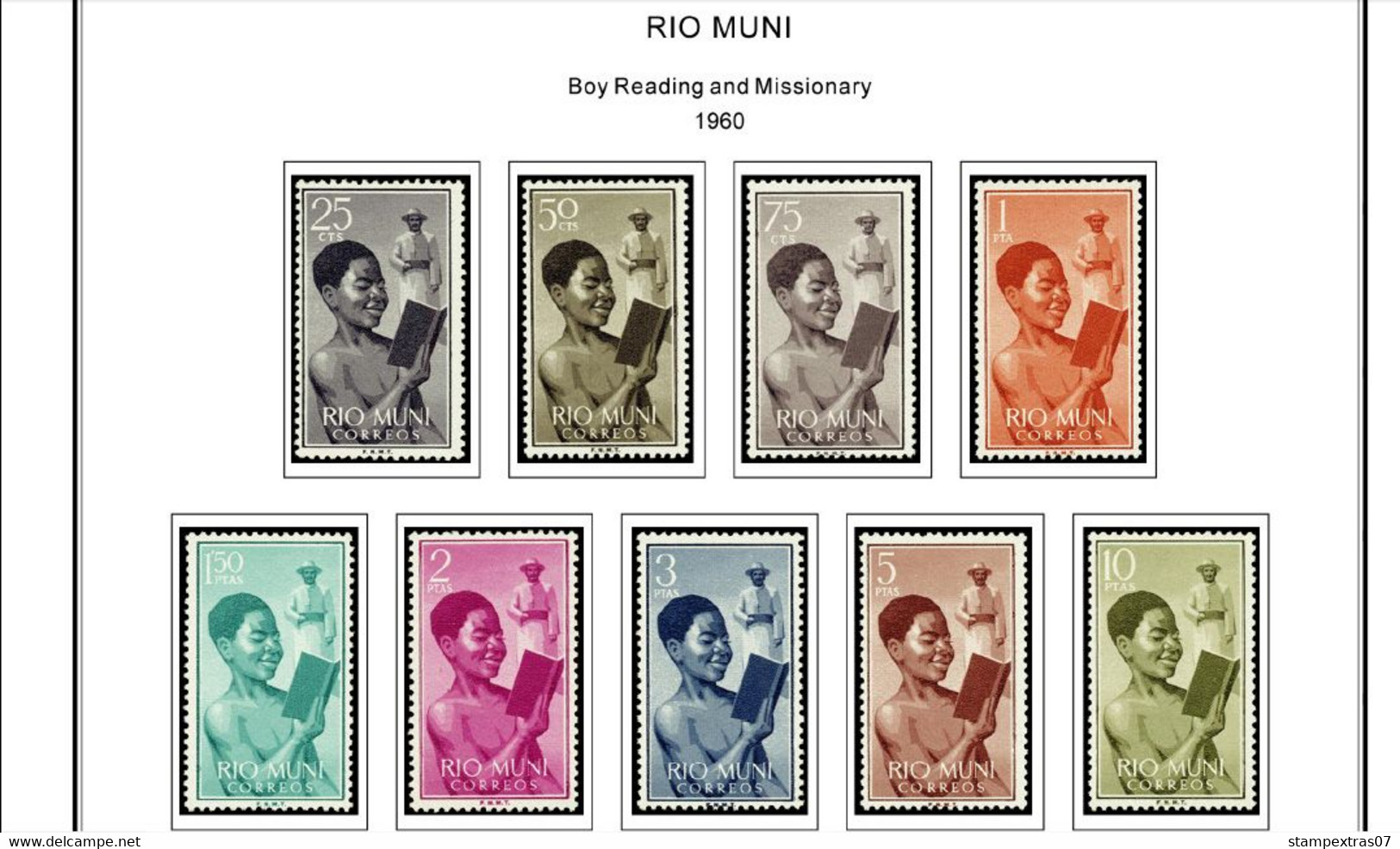 COLOR PRINTED RIO MUNI 1960-1968 STAMP ALBUM PAGES (8 illustrated pages) >> FEUILLES ALBUM