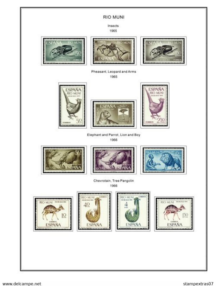 COLOR PRINTED RIO MUNI 1960-1968 STAMP ALBUM PAGES (8 illustrated pages) >> FEUILLES ALBUM