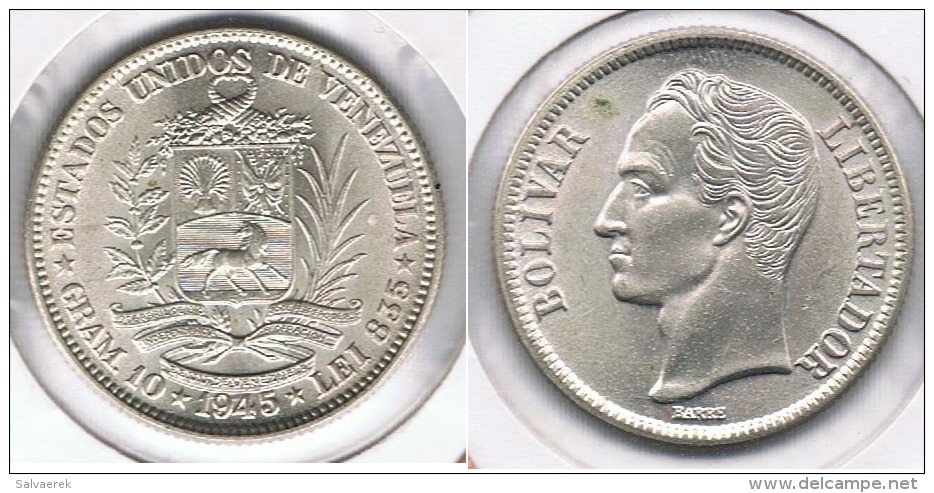 VENEZUELA  2 BOLIVAR 1945 PLATA SILVER R BONITA - Venezuela