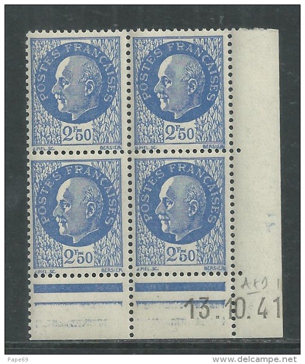 France N° 520 XX : Type Maréchal Pétain : 2 F. 50 Outremer  En Bloc De 4 Coin Daté Du 13 . 10. 41 ; Sans Charnière, TB - 1940-1949