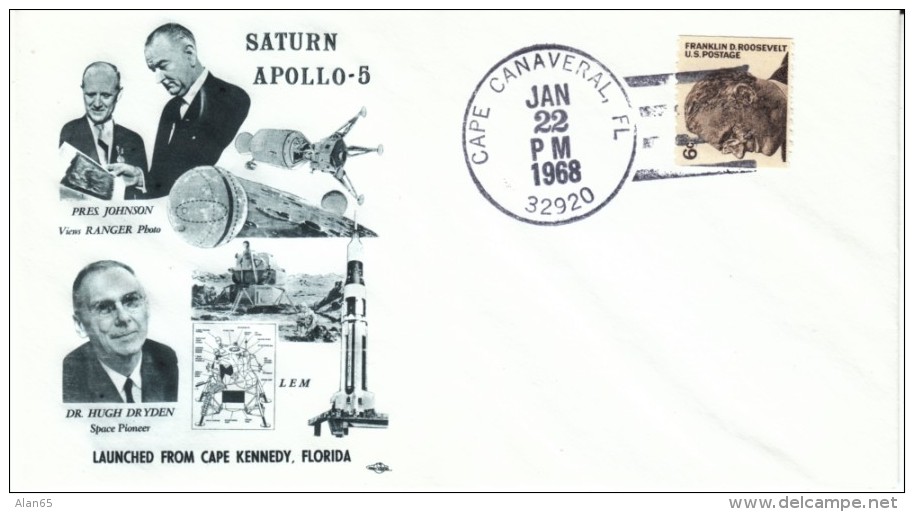 Apollo-5 Cover, Cape Canaveral Florida Postmark 22 January 1968, President Johnson, Hugh Dryden - United States