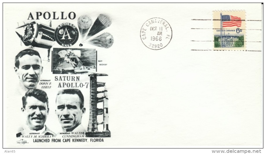 Apollo-7 Cover, Cape Canaveral Florida Postmark 11 October 1968, Astronauts Eisele Schirra &amp; Cunningham - United States