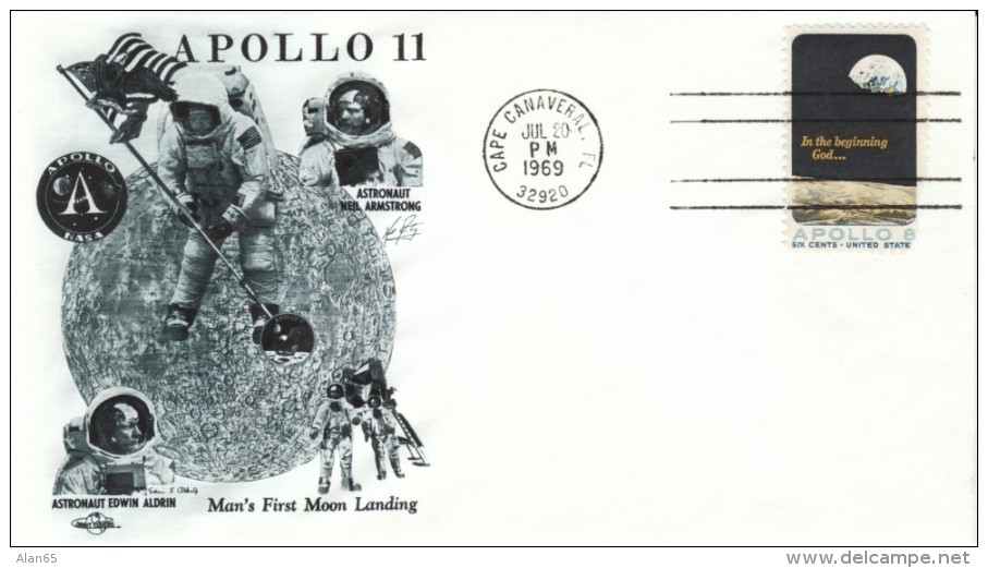 Apollo-11 Cover, Cape Canaveral Florida Postmark 20 July 1969, Astronauts Armstrong Aldrin &amp; Collins, 1st Moon Landi - Etats-Unis